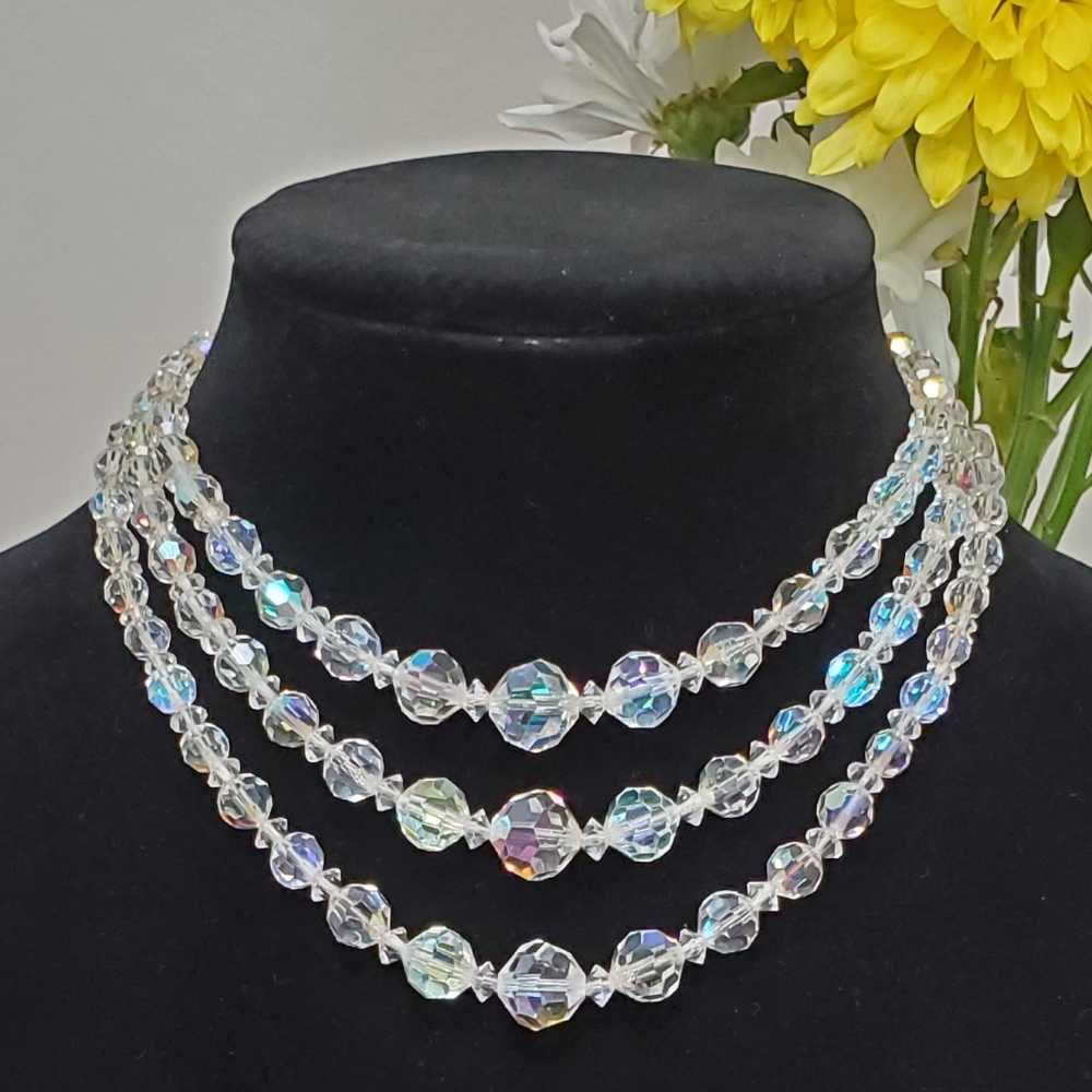 Vintage Aurora Borealis AB Crystal Faceted Three (3) Strand Necklace